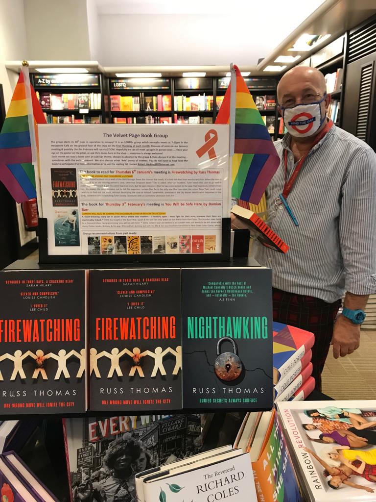 Chris at Waterstones Piccadilly in the LGBTQ+ section with Firewatching
