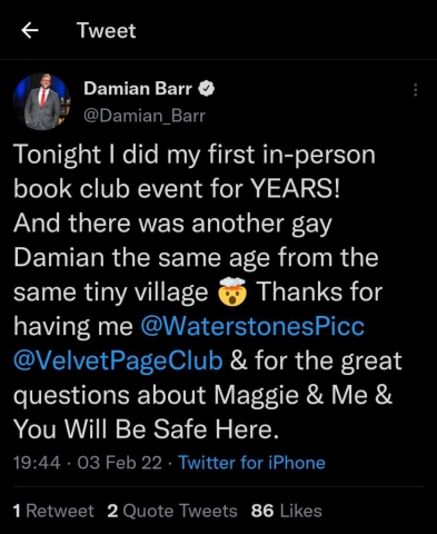 Twitter from Damian Barr after the meeting