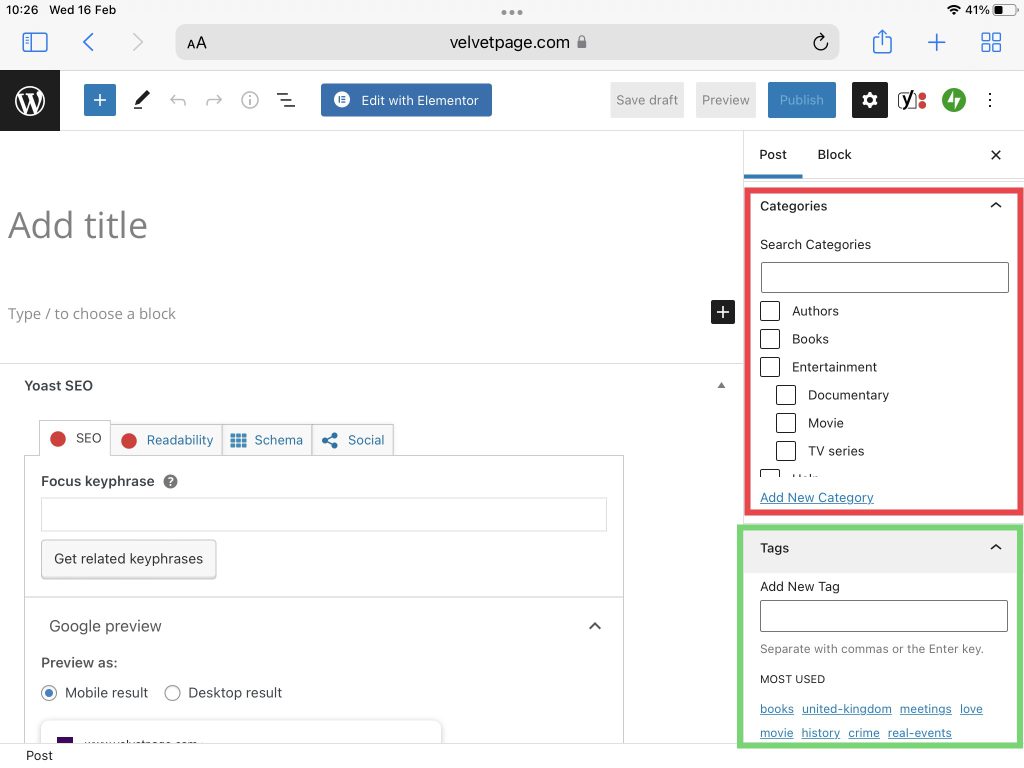 Select a category and add tags for your post - How to write a blog post